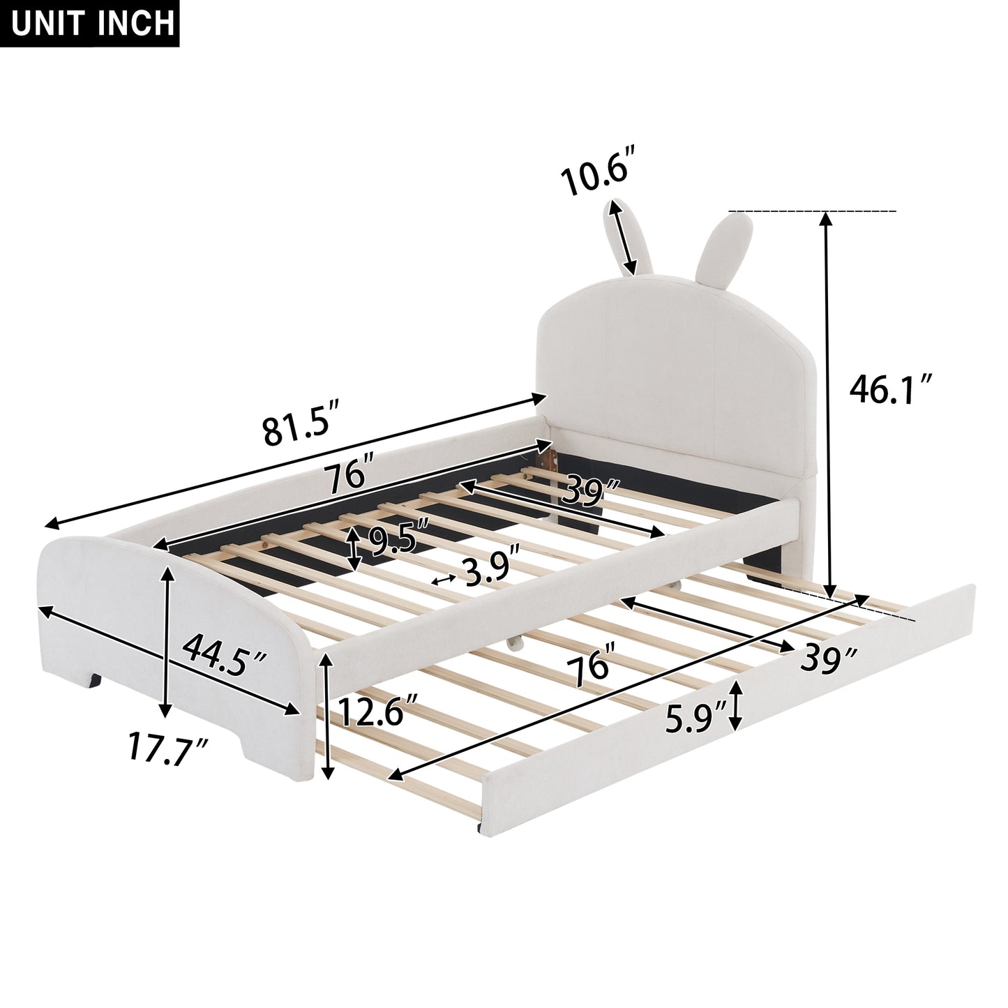 Twin Size Upholstered Platform Bed with Cartoon Ears Shaped Headboard and Trundle, White