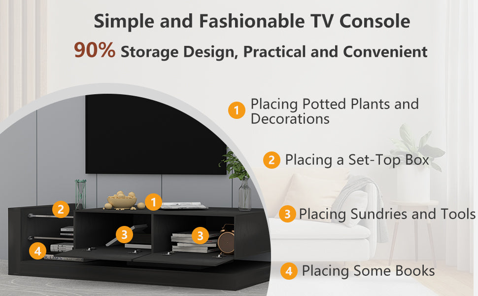 Modern Black TV Console with Remote and App Controlled RGB LED Lights and Storage Cabinets for 75 inches TV