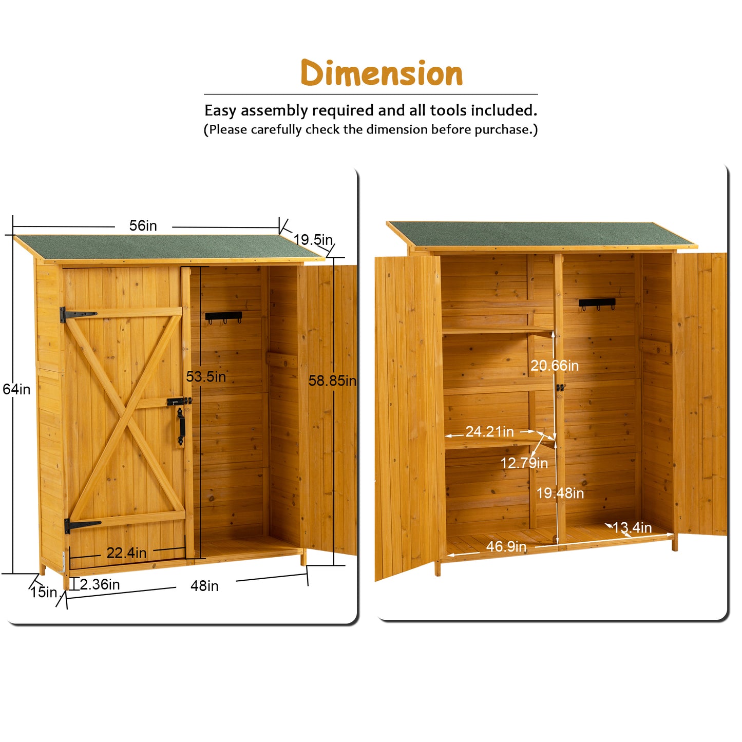 56"L x 19.5"W x 64"H Outdoor Storage Shed with Lockable Door, Wooden Tool Storage Shed w/Detachable Shelves & Pitch Roof, Natural