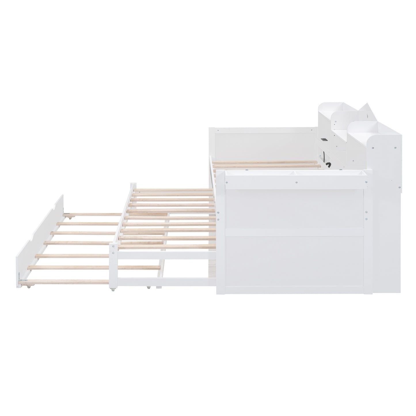 Twin XL Wooden Daybed with 2 Twin Trundles and Storage Shelf, Daybed with USB Charging Ports, No Box-spring Needed, White