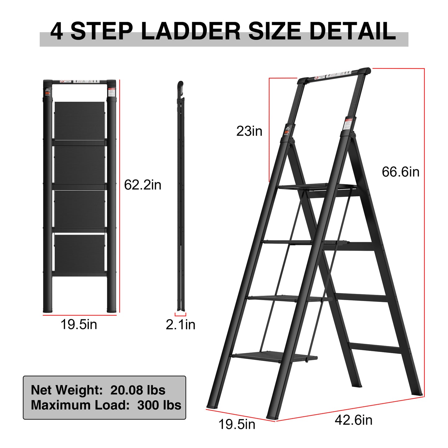 4 Step Ladder, Retractable Handgrip Folding Step Stool with Anti-Slip Wide Pedal, Aluminum Step Ladders 4 Steps, 300lbs Safety Household Ladder