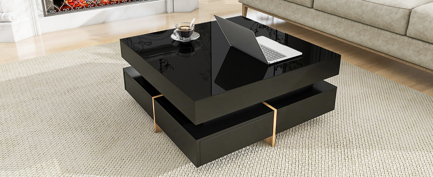 Modern Sleek Black Coffee Table with Wood Grain Legs and 4 Drawers, Square Multi-Storage Center Table for Living Room, 31.5''x31.5'', Black