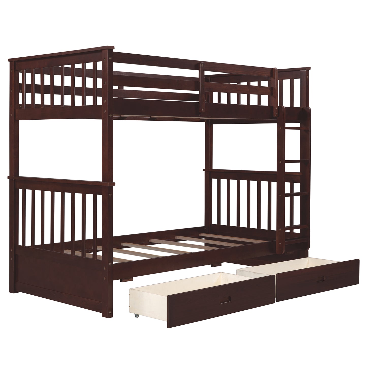 Twin Bunk Bed with Storage Drawers and Ladders in Espresso - Space-Efficient Solution