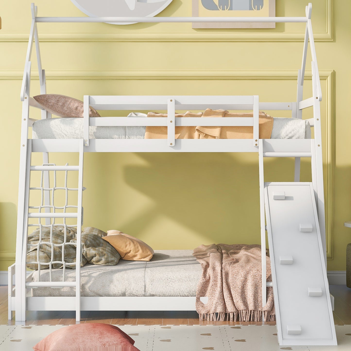 Twin and Queen Climbing House Bunk Bed with Nets and Ramp in White