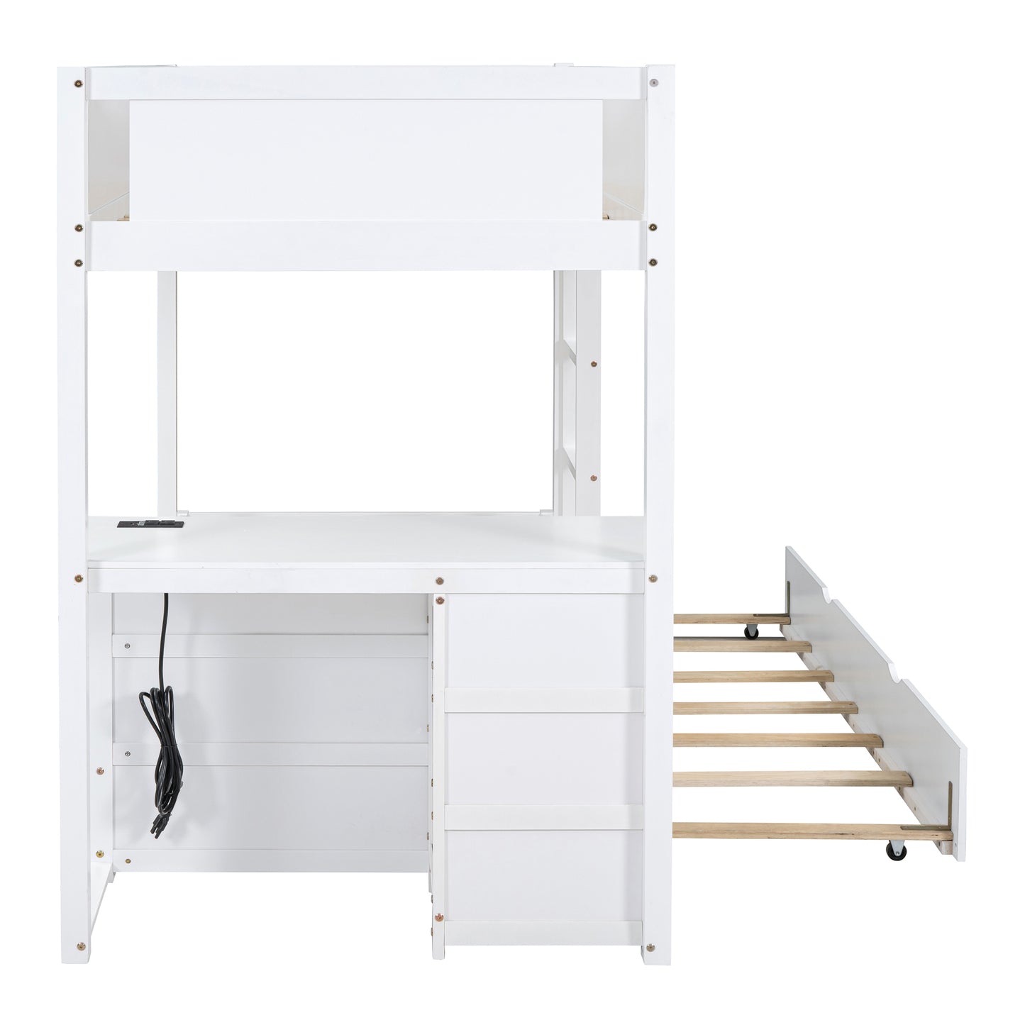 Twin Loft Bed with Trundle, Storage, Desk, and USB Outlets, White