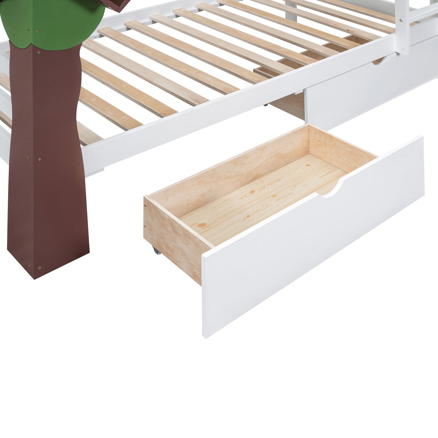 White Twin Bunk Bed with Tree Design and Storage Drawers