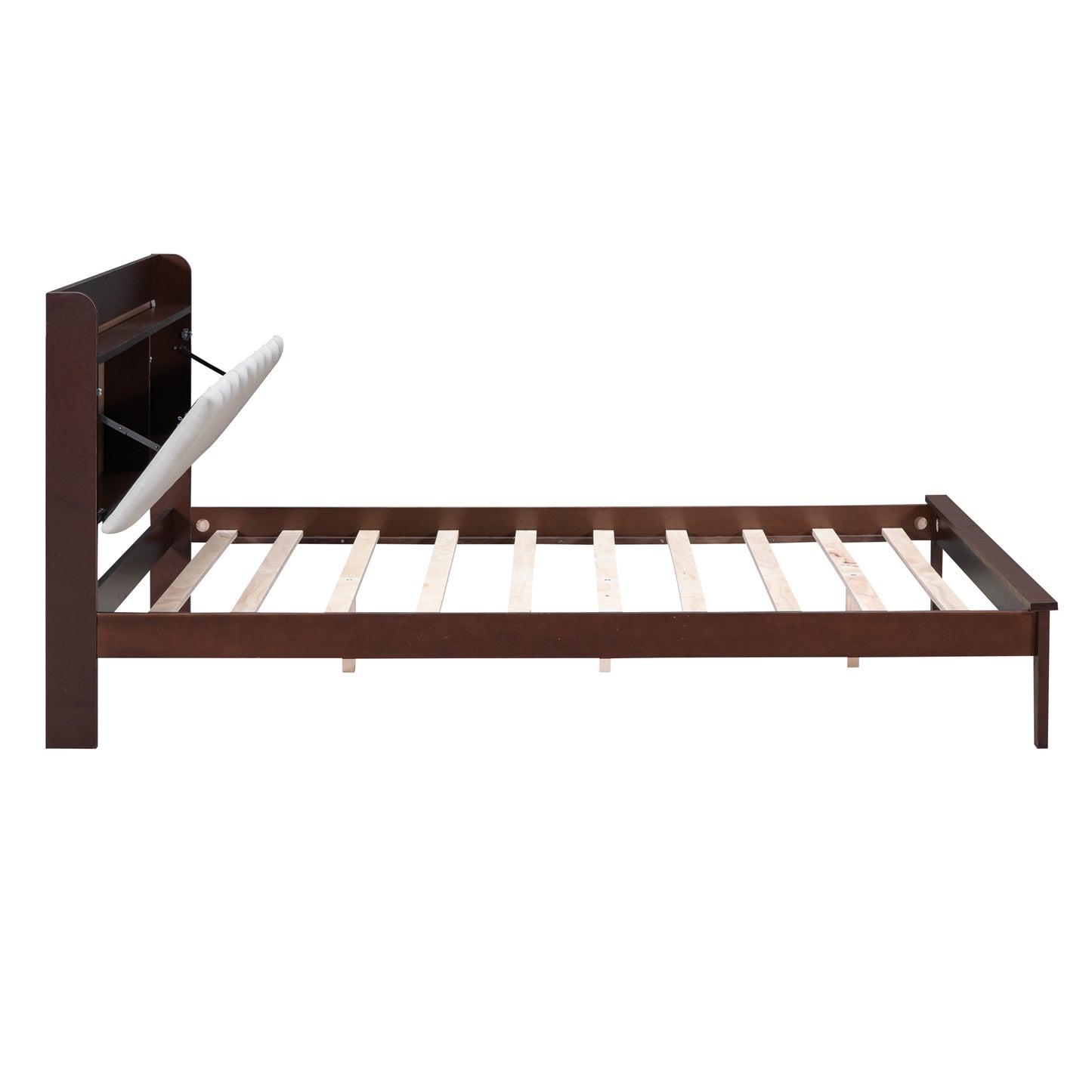 Queen size Platform Bed with USB Charging Station and Storage Upholstered Headboard,LED Bed Frame,No Box Spring Needed,Walnut+Beige