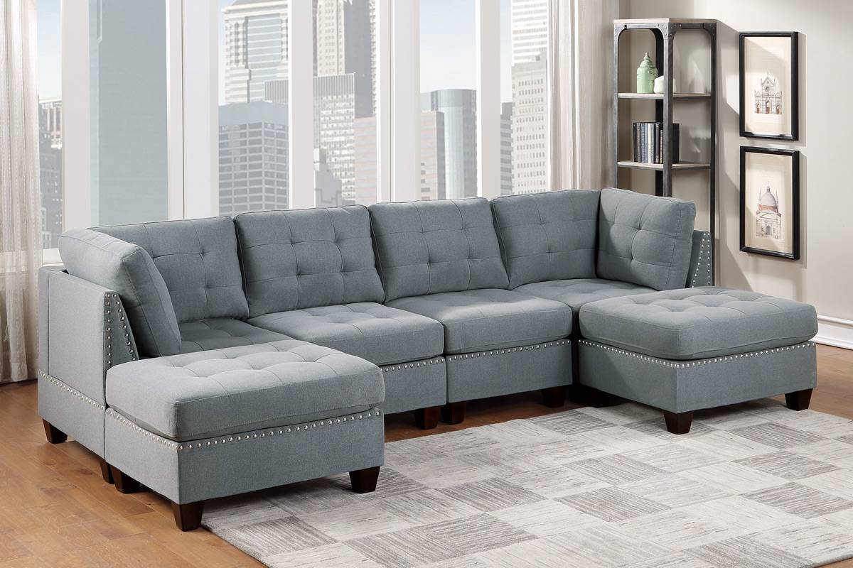 6-Piece Gray Modular Sectional Living Room Furniture Set with Tufted Nailhead Details