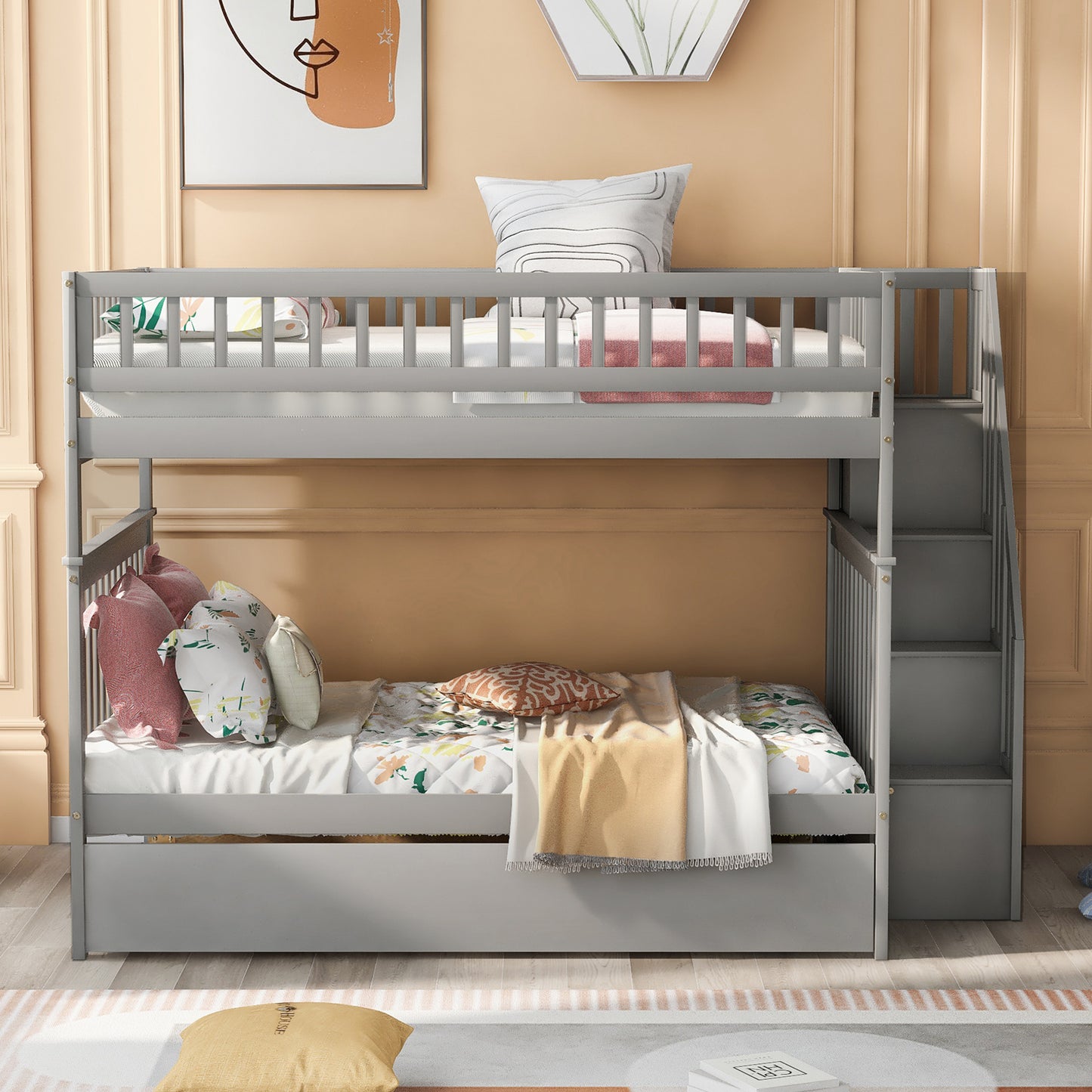 Gray Triple Sleeper Bunk Bed with Trundle and Staircase