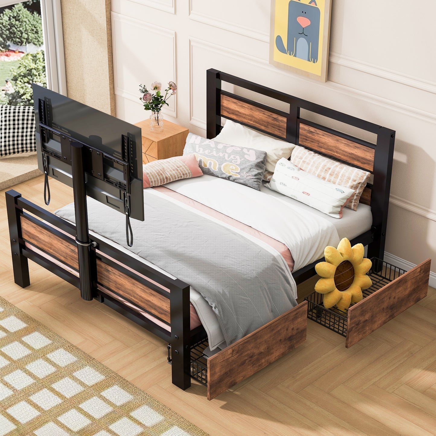 Metal Twin Size Bed with TV Stand, Storage Drawers, and Black Finish