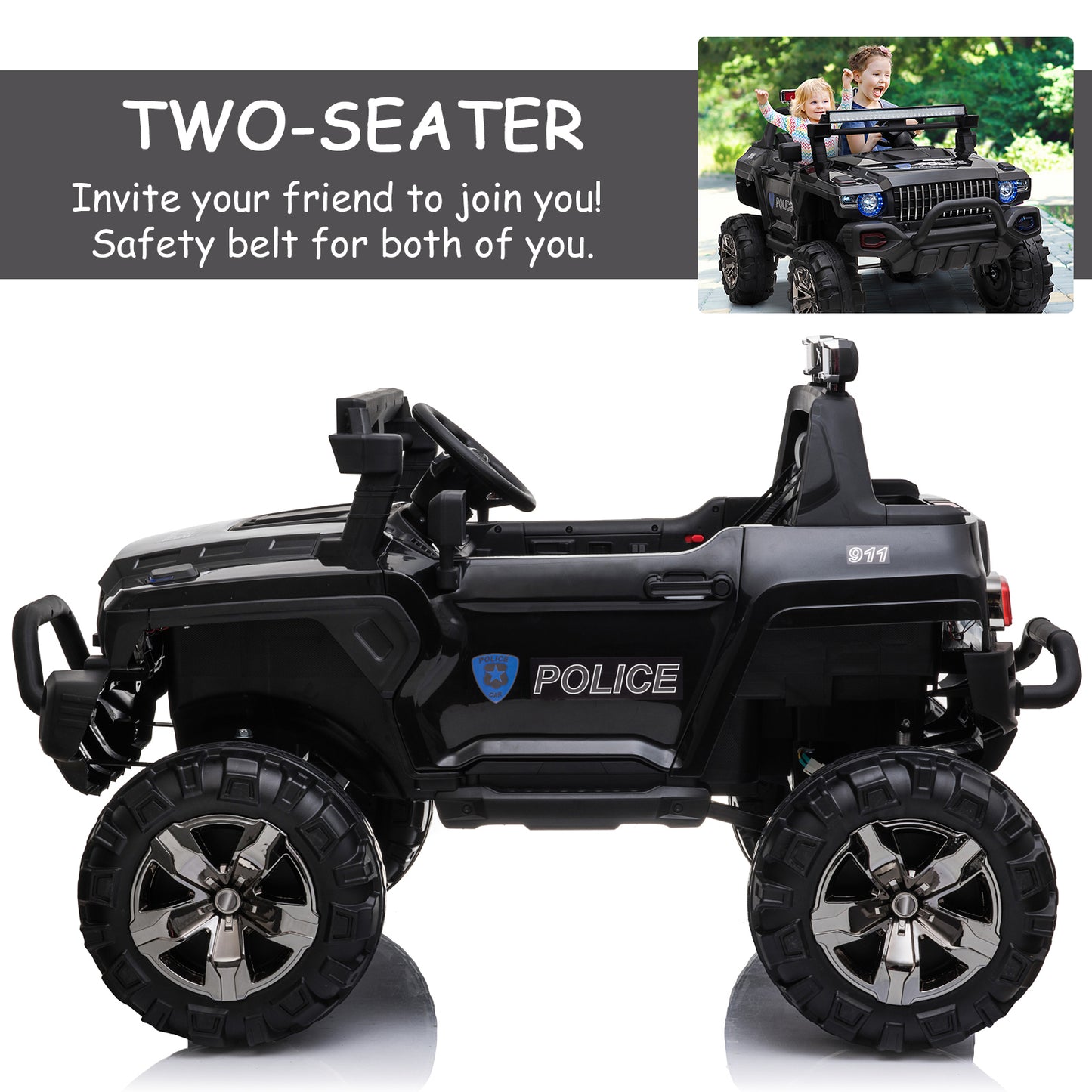 Aosom Big Size 53"L 2-Seater 12V Police Car Ride-on Truck with Remote Control and Siren, Battery-Operated Electric Car for Kids with Suspension, MP3 Player, Lights, Music, Horn, Black