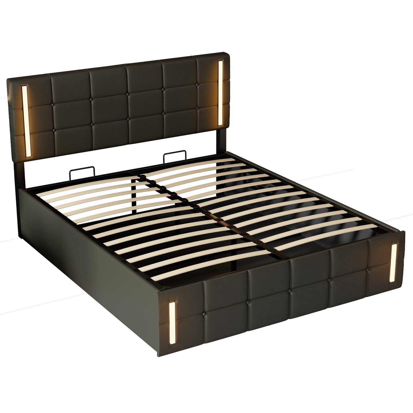 Full Size Upholstered Bed with LED Lights,Hydraulic Storage System and USB Charging Station,Black