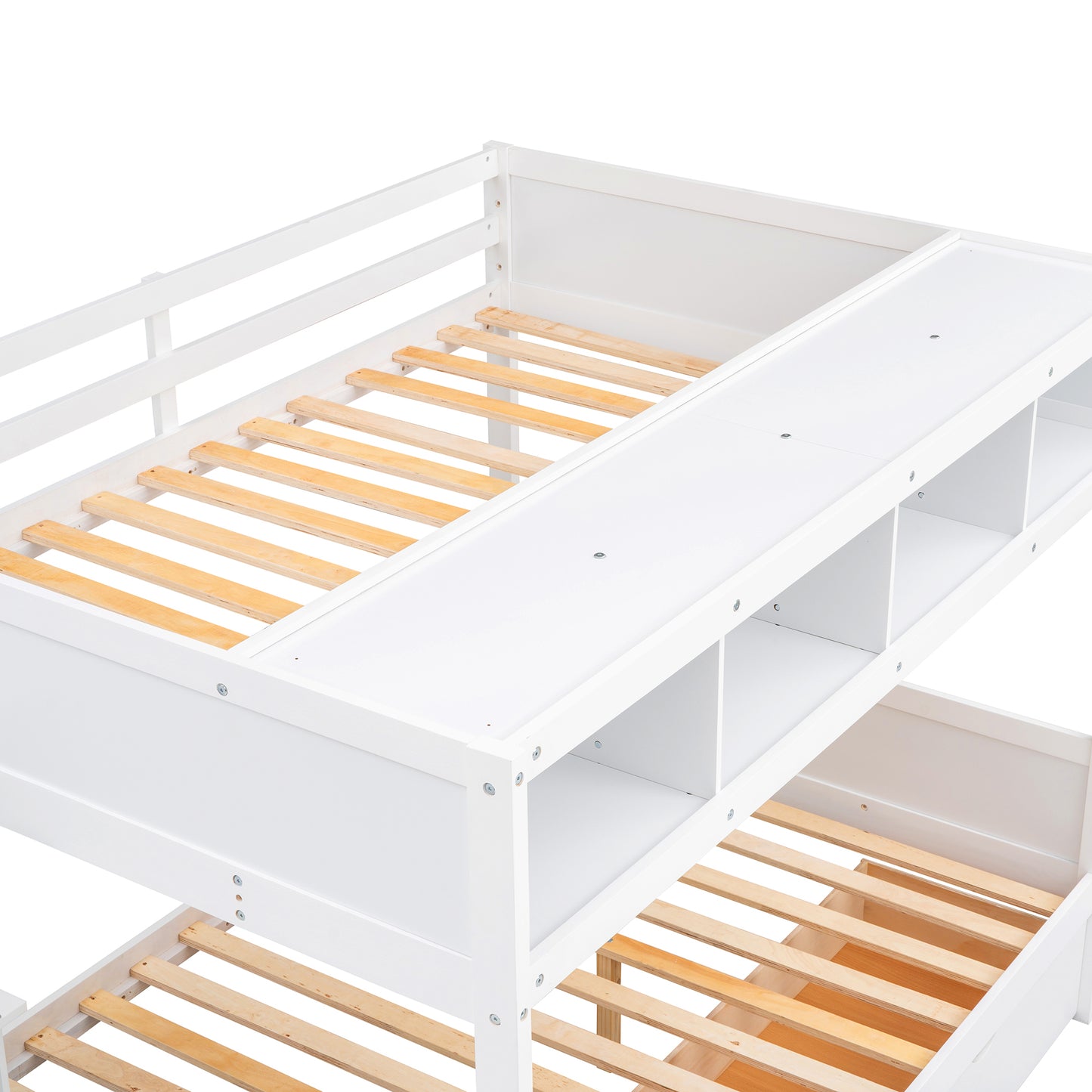 Versatile White Bunk Bed with Shelves, Storage Staircase, and Drawers