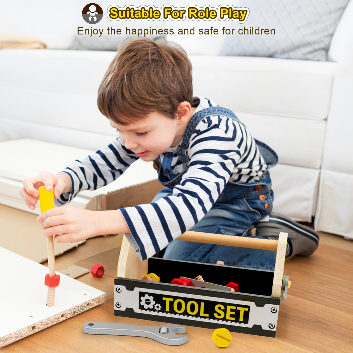 Kids Wooden Toy Toolbox with Building Blocks and Play Tools