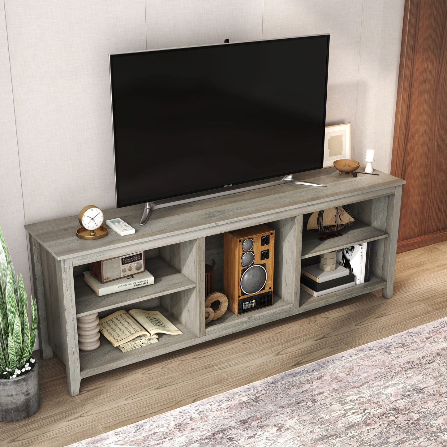 Versatile Industrial Style TV Stand with Spacious Open Storage - Grey Walnut