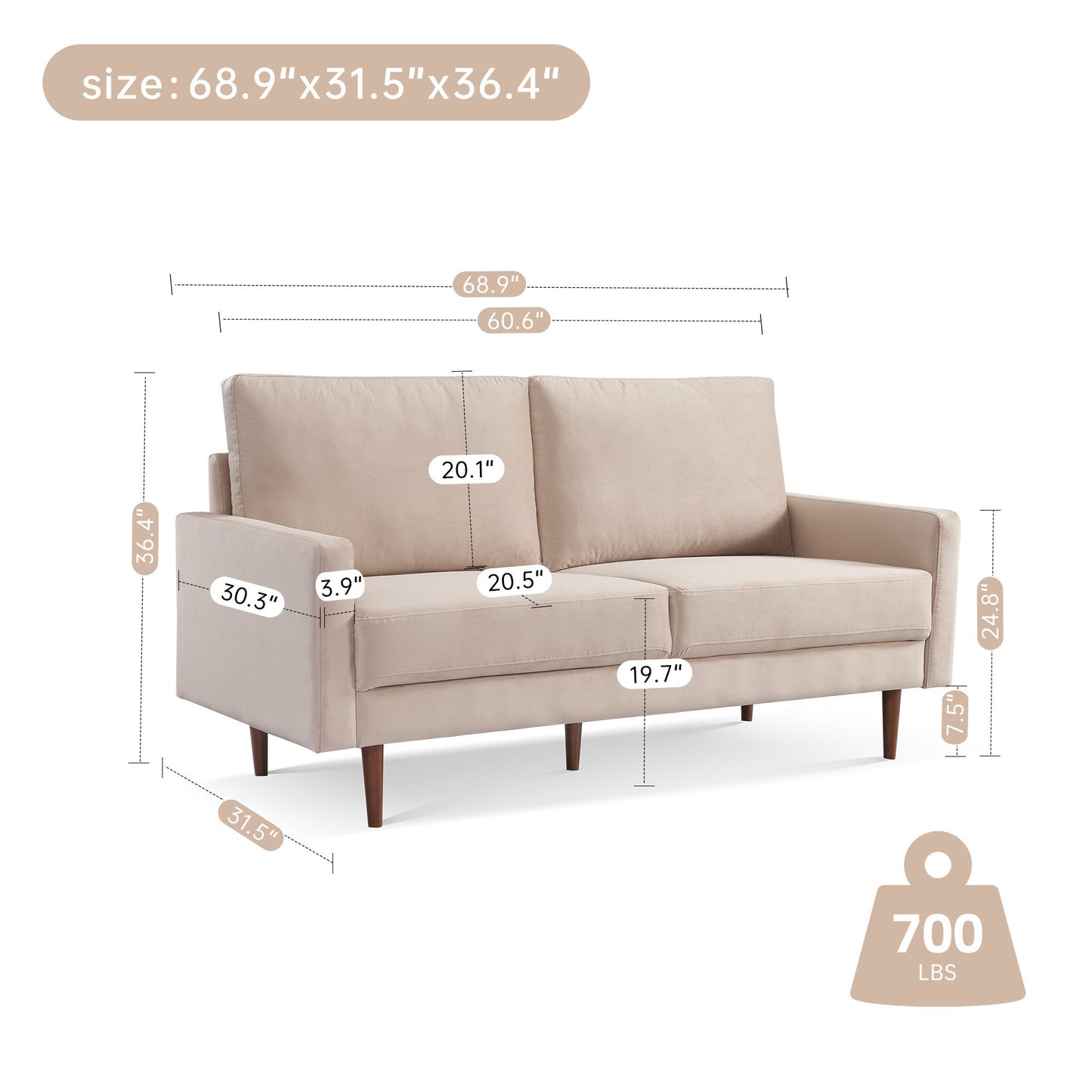 69 Inches Modern Beige Velvet Upholstered Loveseat Couch