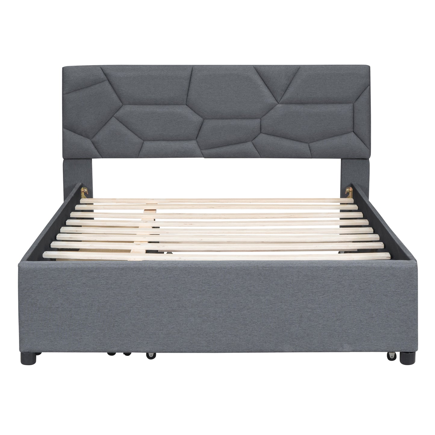 Full Size Upholstered Platform Bed with Brick Pattern Headboard, with Twin Size Trundle and 2 Drawers, Linen Fabric, Gray