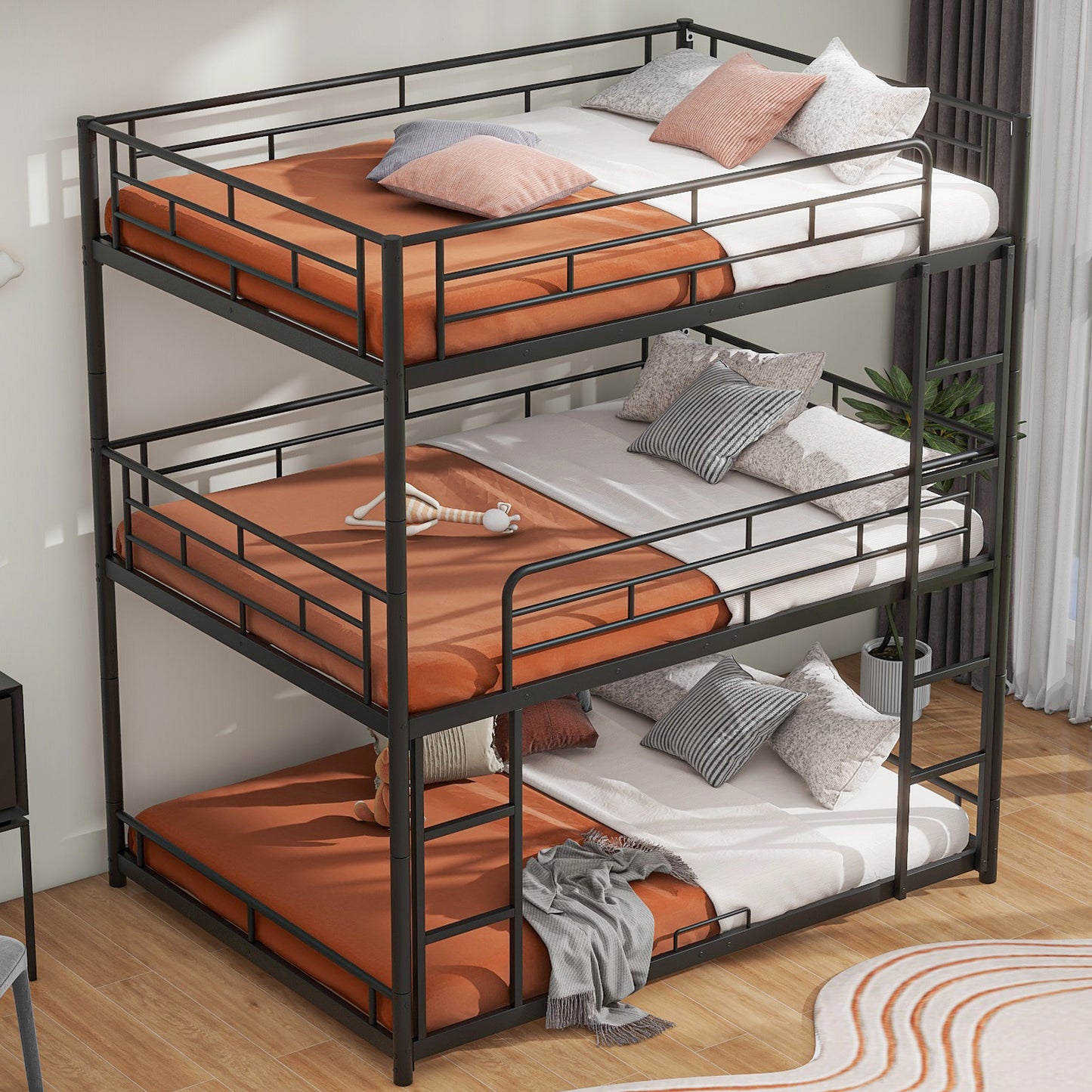 Durable Steel Full Size Triple Bunk Bed in Elegant Black