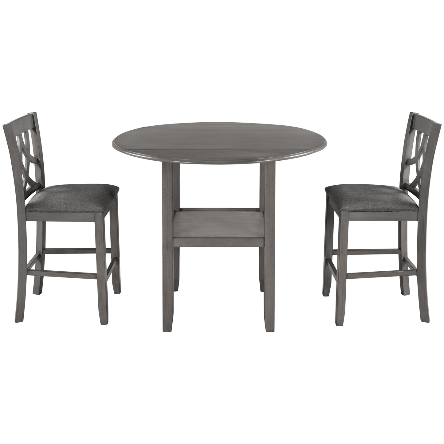 Farmhouse 3 Piece Round Counter Height Kitchen Dining Table Set with Drop Leaf Table, One Shelf and 2 Cross Back Padded Chairs for Small Places, Gray