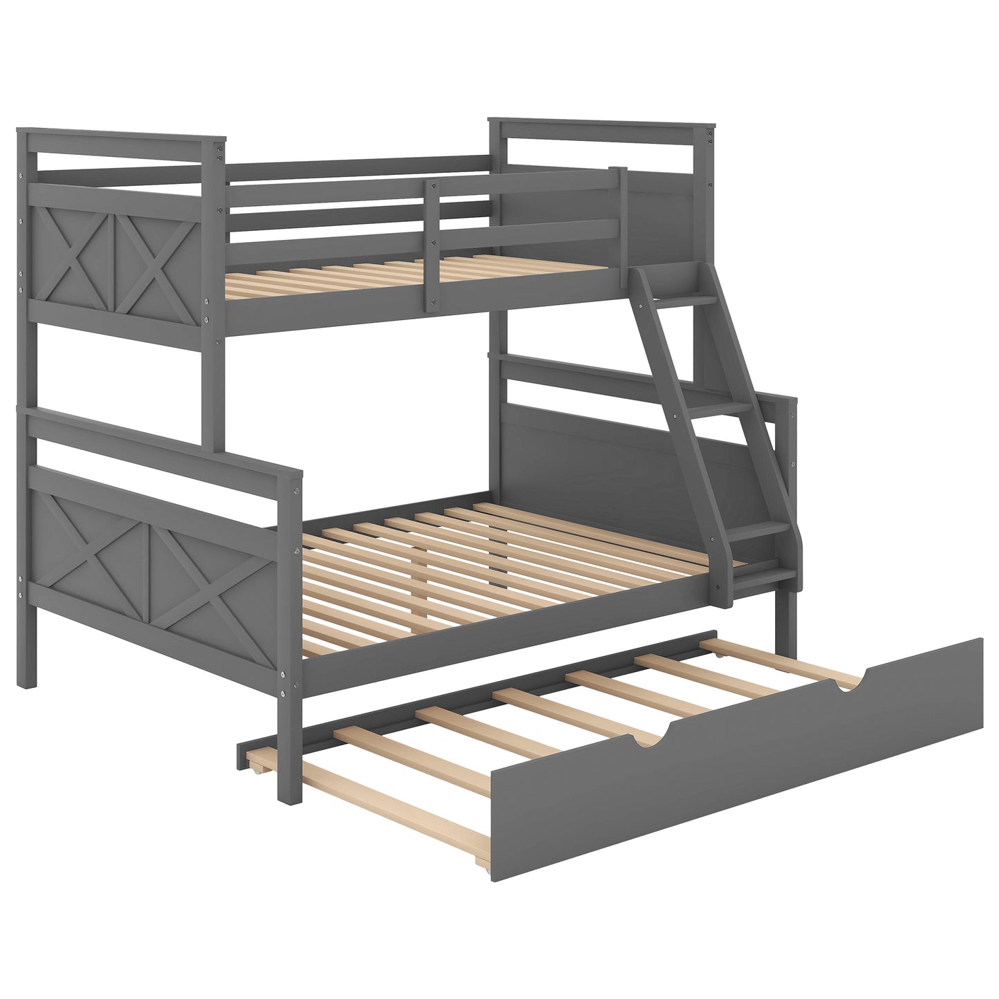 Triple Sleeper Bunk Bed with Trundle, Guardrail, Ladder, and Gray Finish