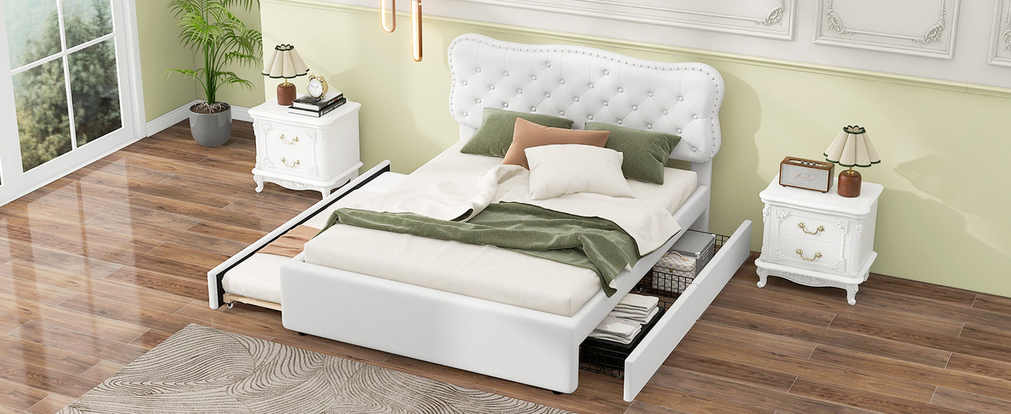 Full Size Upholstery Platform Bed with Storage Drawers and Trundle,White