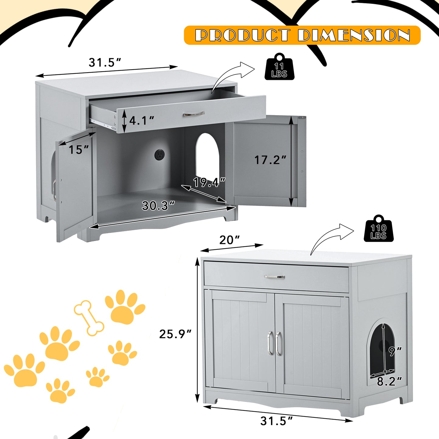 Litter Box Enclosure, Cat Litter Box Furniture with Hidden Plug, 2 Doors,Indoor Cat Washroom Storage Bench Side Table Cat House, Large Wooden Enclused Litter Box House, Grey