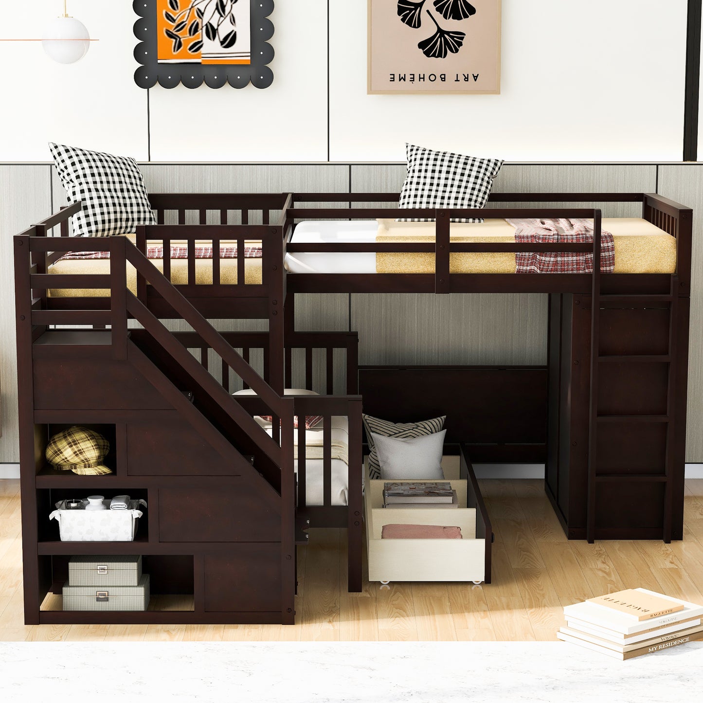 Espresso L-Shaped Bunk Bed with Storage Drawers, Desk, Wardrobe and Maximized Space