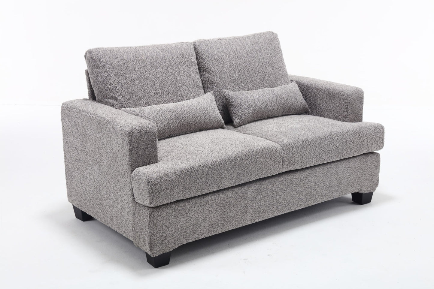 Elegant 63 Modern Loveseat with Square Armrest and 2 Waist Pillows (White & Gray Fabric)