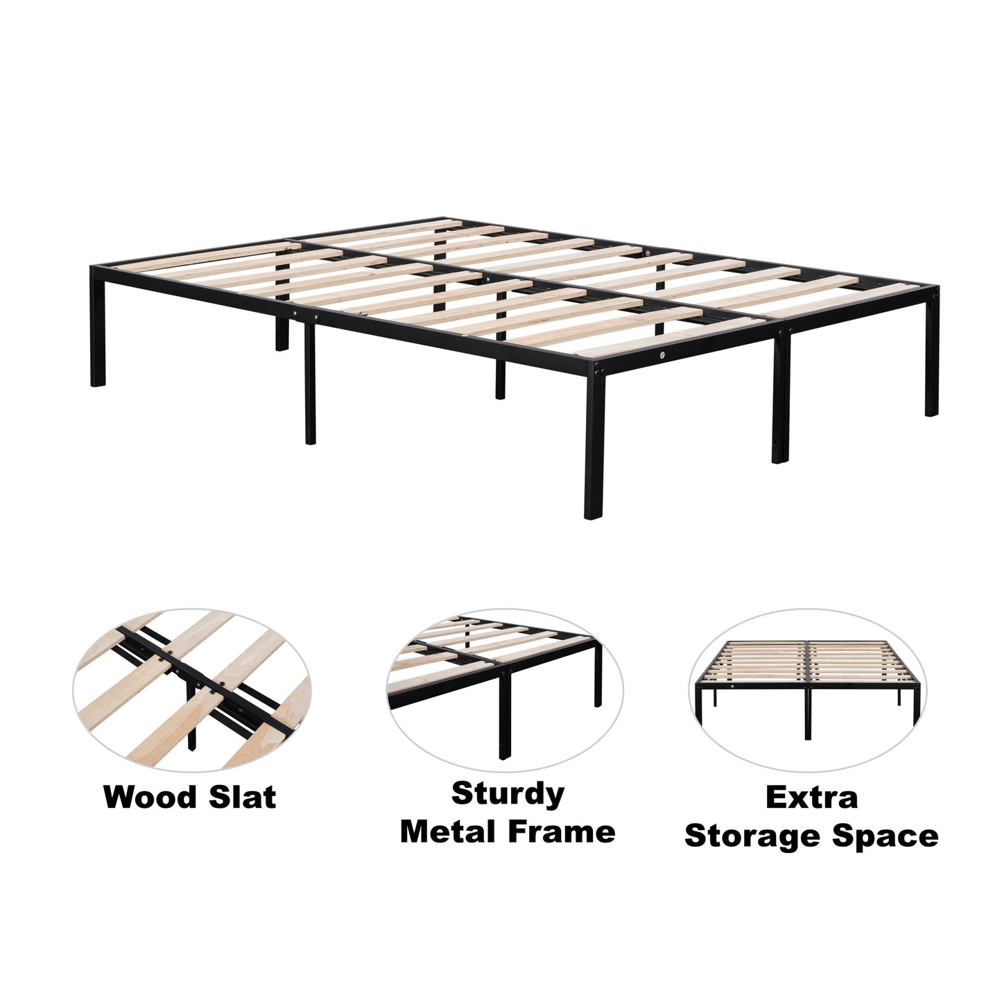 Metal Full Size Bed Frame with Wood Slats/ Heavy duty & Sturdy Metal Bed Frame/ Noise-free Wood Slats/ Quick Assembly/ No Box Spring Needed