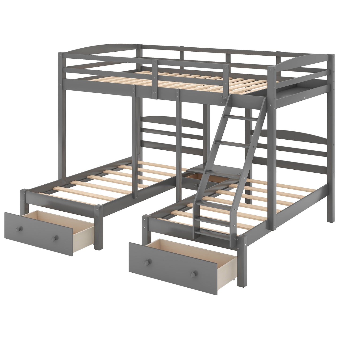 Gray Triple Bunk Bed with Storage Drawers, Full over Twin & Twin Bunk Bed