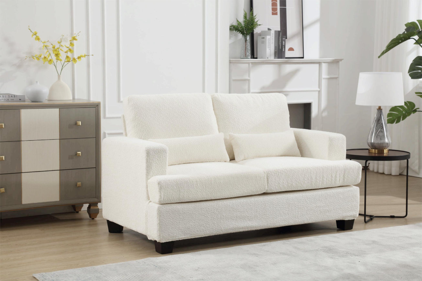 Modern 63 Loveseat for Living Room with Square Armrest and Removable Cushion Set (White & Gray Fabric)