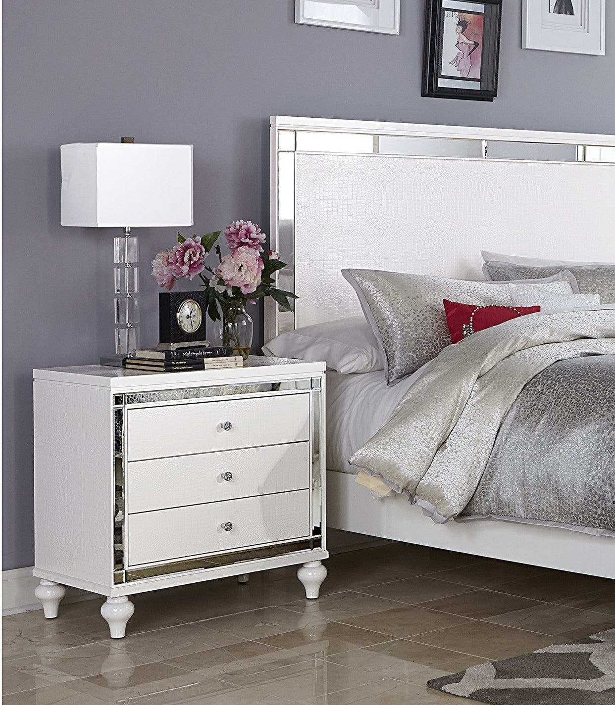 Glamorous Metallic White Finish 1pc Nightstand of 3x Drawers Faux Alligator Embossed Front Modern Bed Side Table