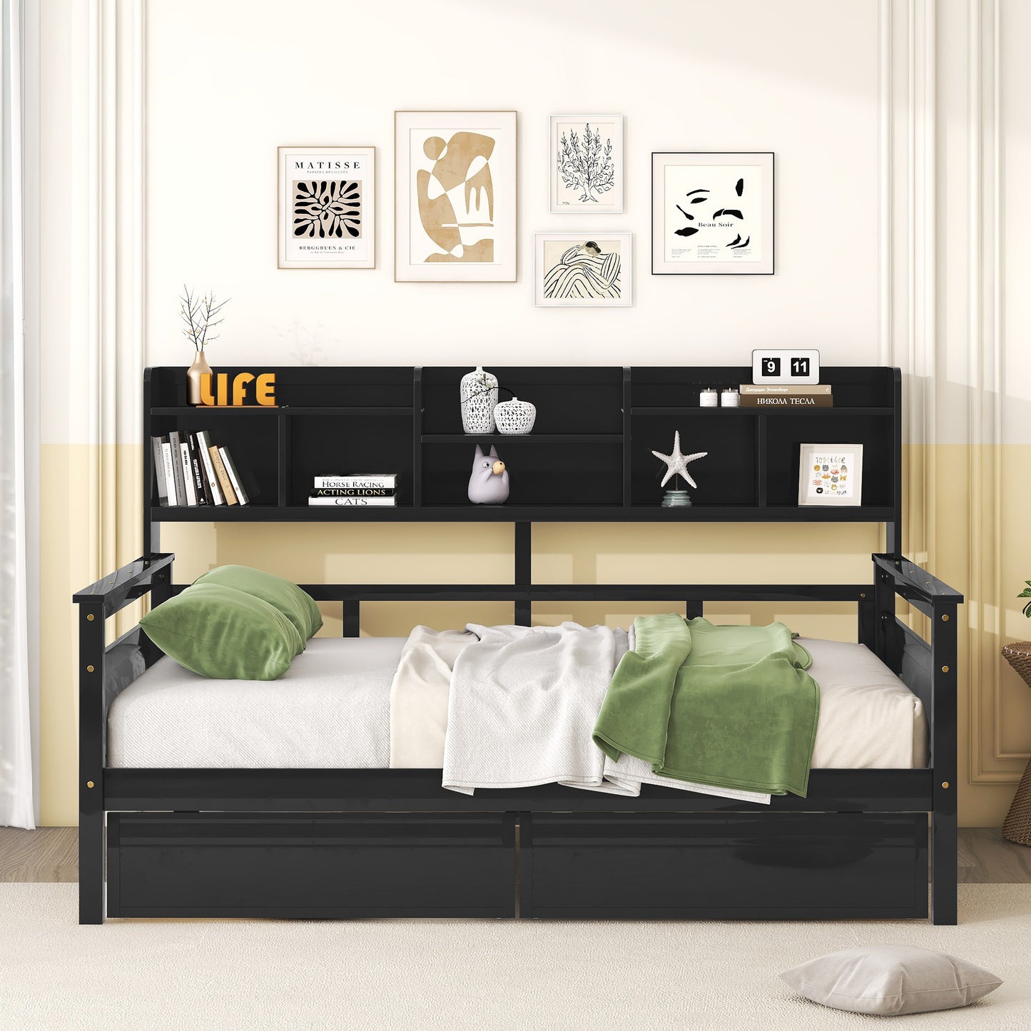 Full size Daybed, Wood Slat Support, with Bedside Shelf and Two Drawers, Espresso