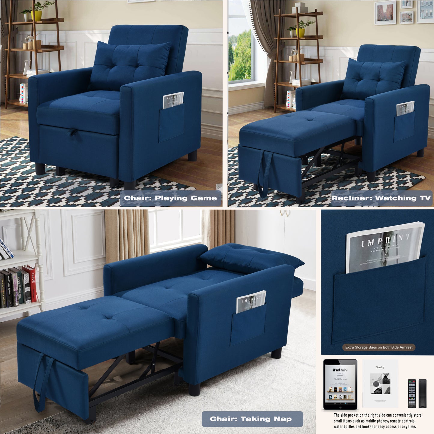 Single Sofa Bed with Pullout Sleeper, Convertible Folding Futon Chair, Lounge Chair Set with 1pc Lumbar pillow, Navy color fabric