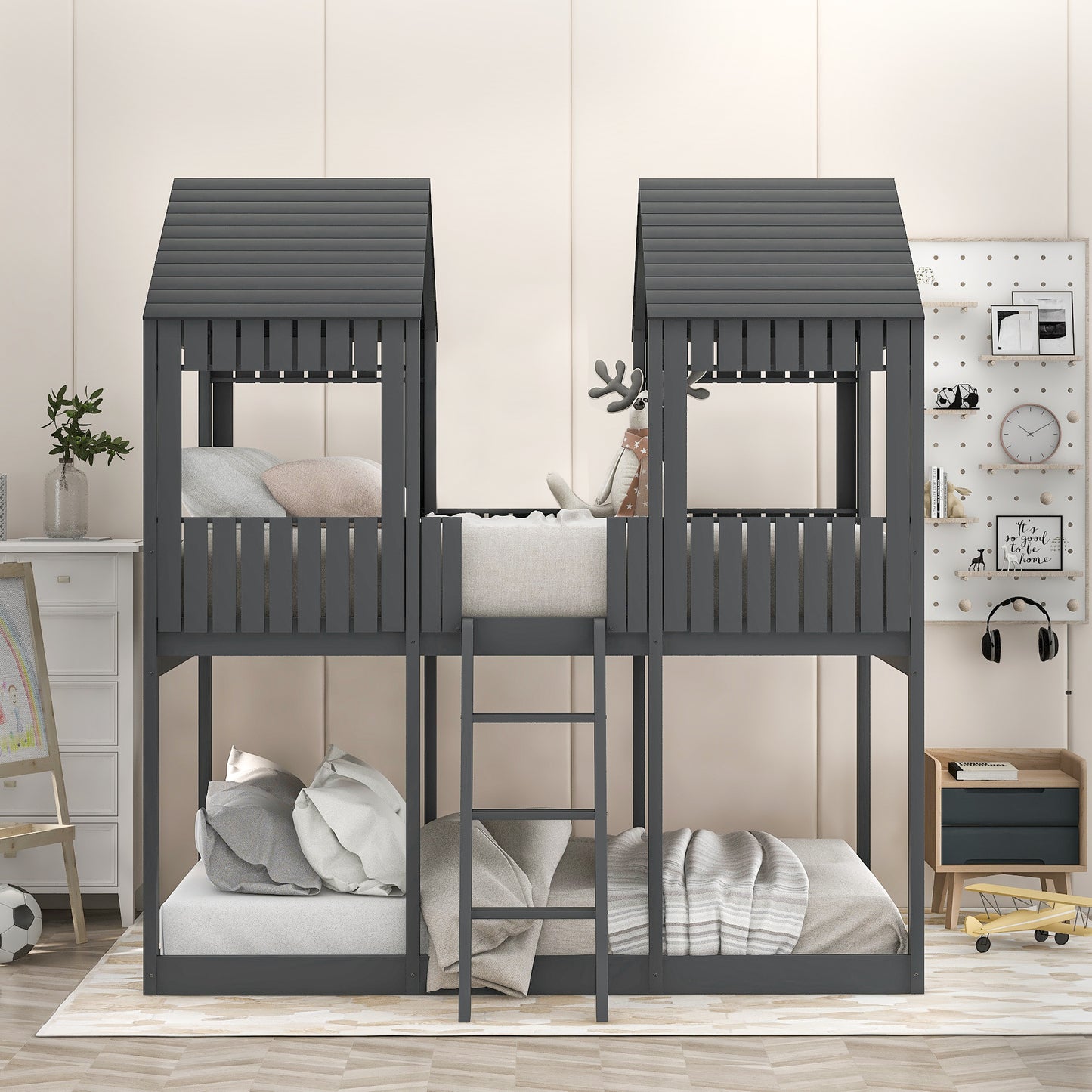 Wooden Playhouse-Styled Full Over Full Bunk Bed with Gray Roof and Window