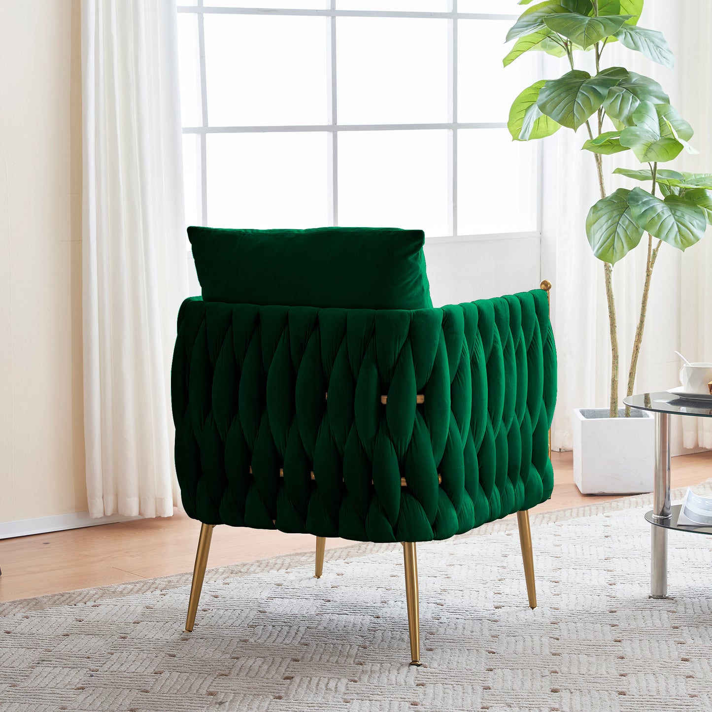 Modern Comfy Handmade Bucket Woven Velvet Accent Chair Arm Chair, Fluffy Tufted Upholstered Single Sofa Chair for Living Room, Bedroom, Office, Waiting Room , Green Velvet