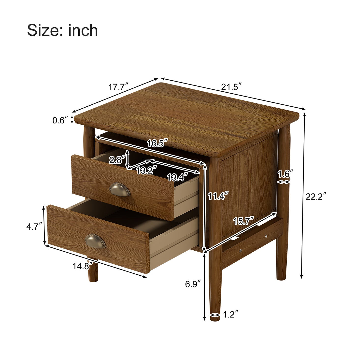 Mid Century Modern Wood 2-Drawer Nightstand for Bedroom,Living Room,Rubberwood