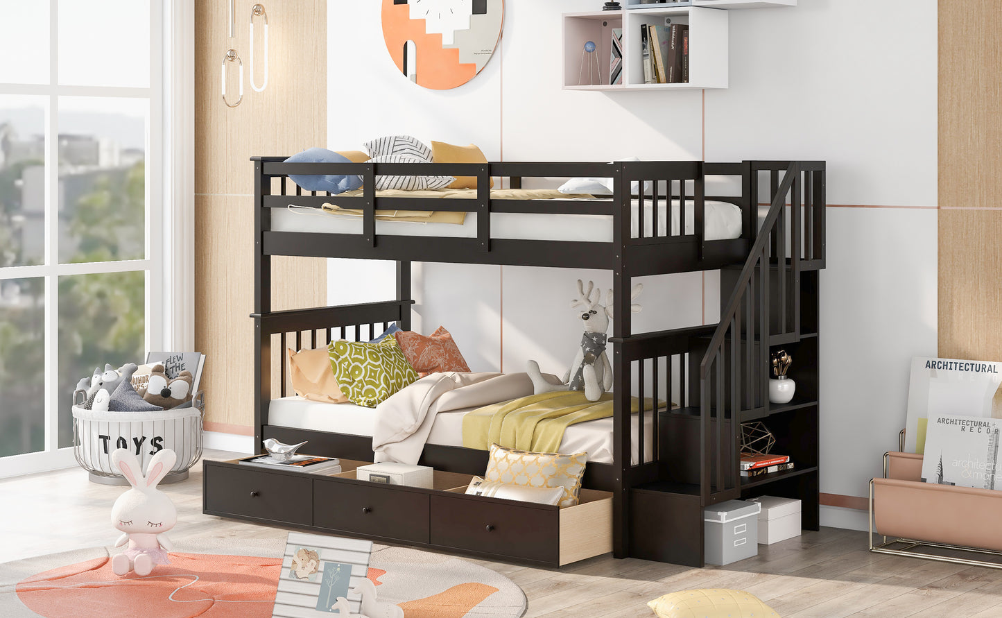 Staircase Twin Bunk Bed with Storage Drawers - Espresso