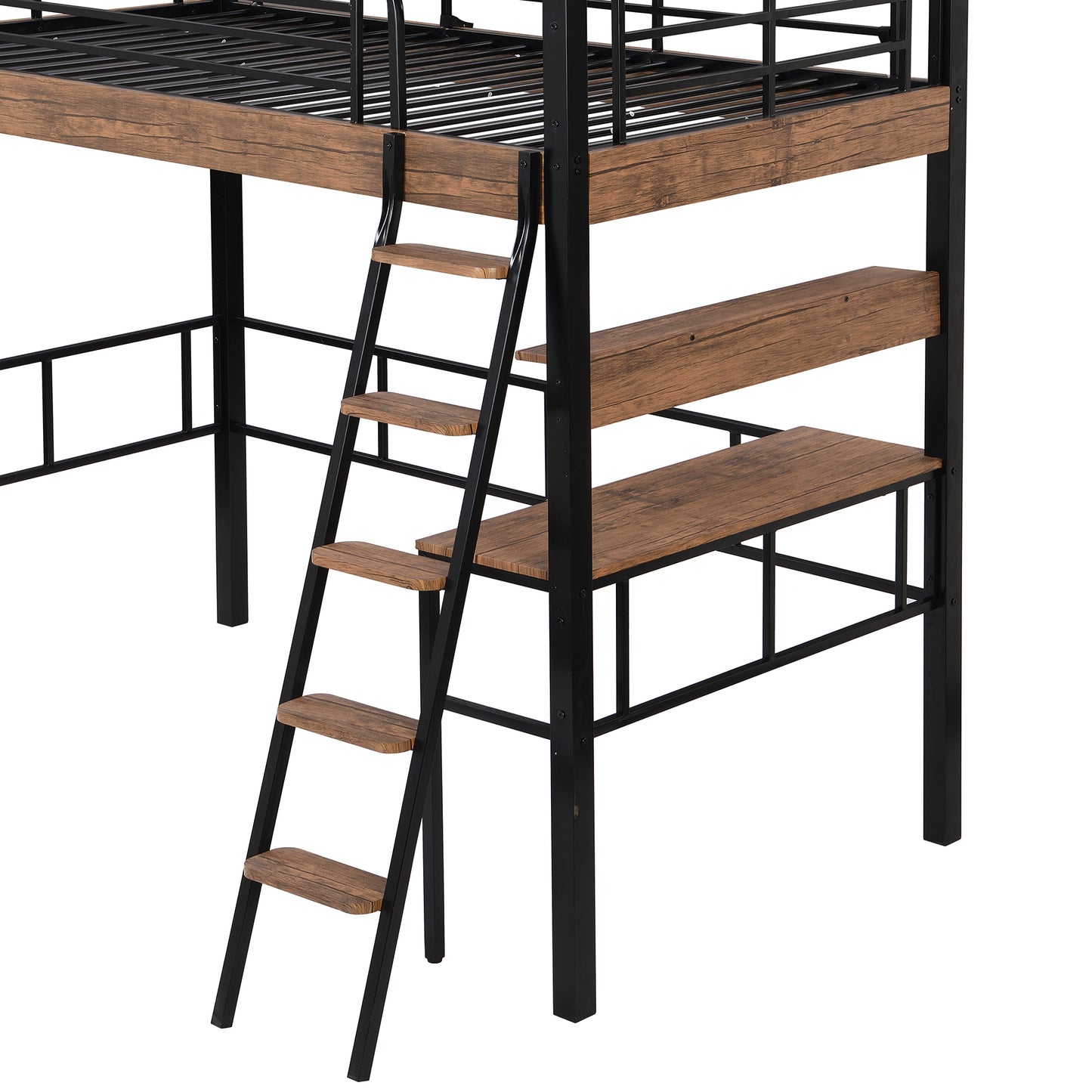 Metal Twin Size Loft Bed with Built-in Desk, Storage Shelf and Ladder, Black