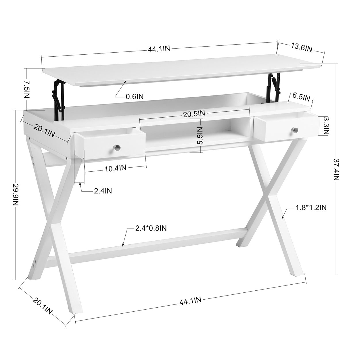 Adjustable Lift Desk with Storage Drawers, Contemporary Farmhouse Home Office Desk, White