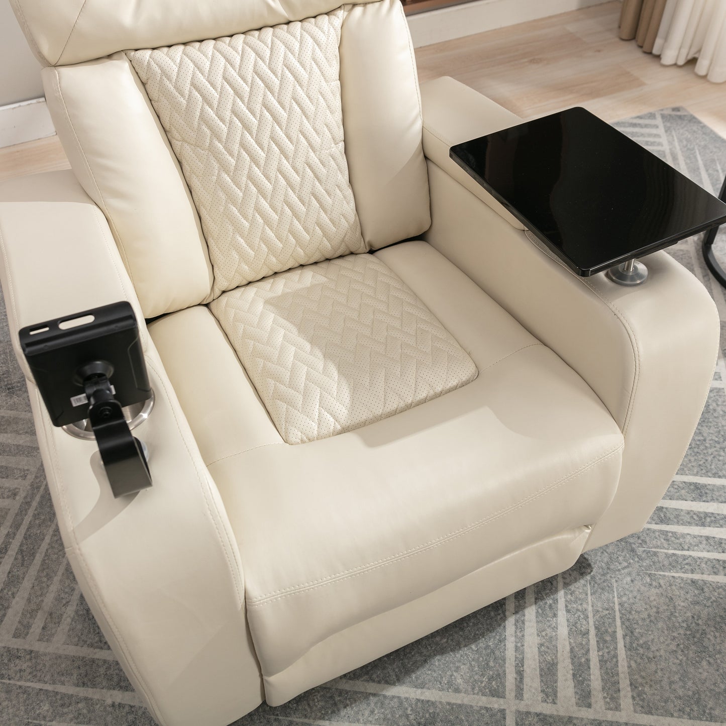 Power Recliner with Swivel, Cup Holder, USB Port, and Tray Table, White