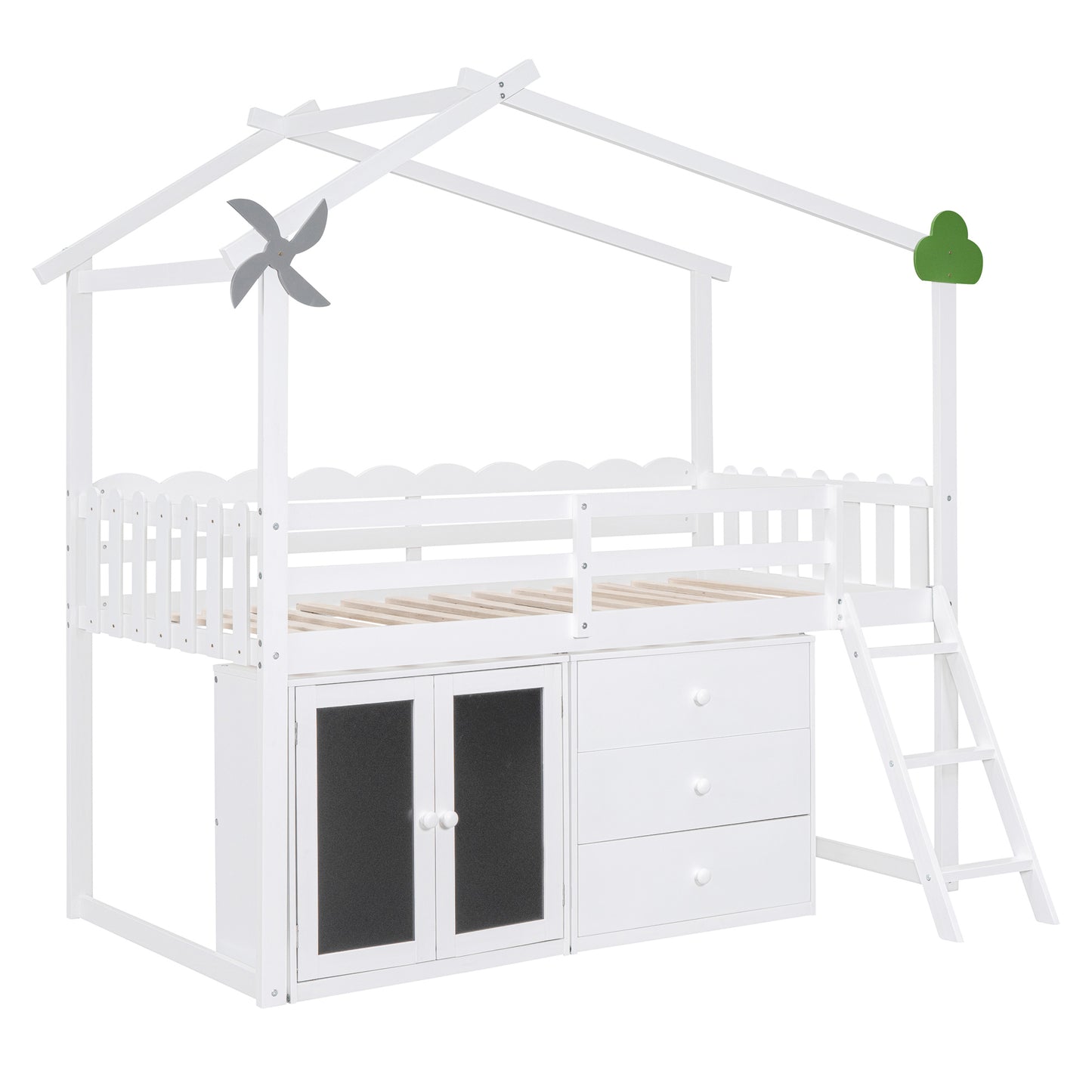 Twin Size House Bed With Cabinet and Drawers, White