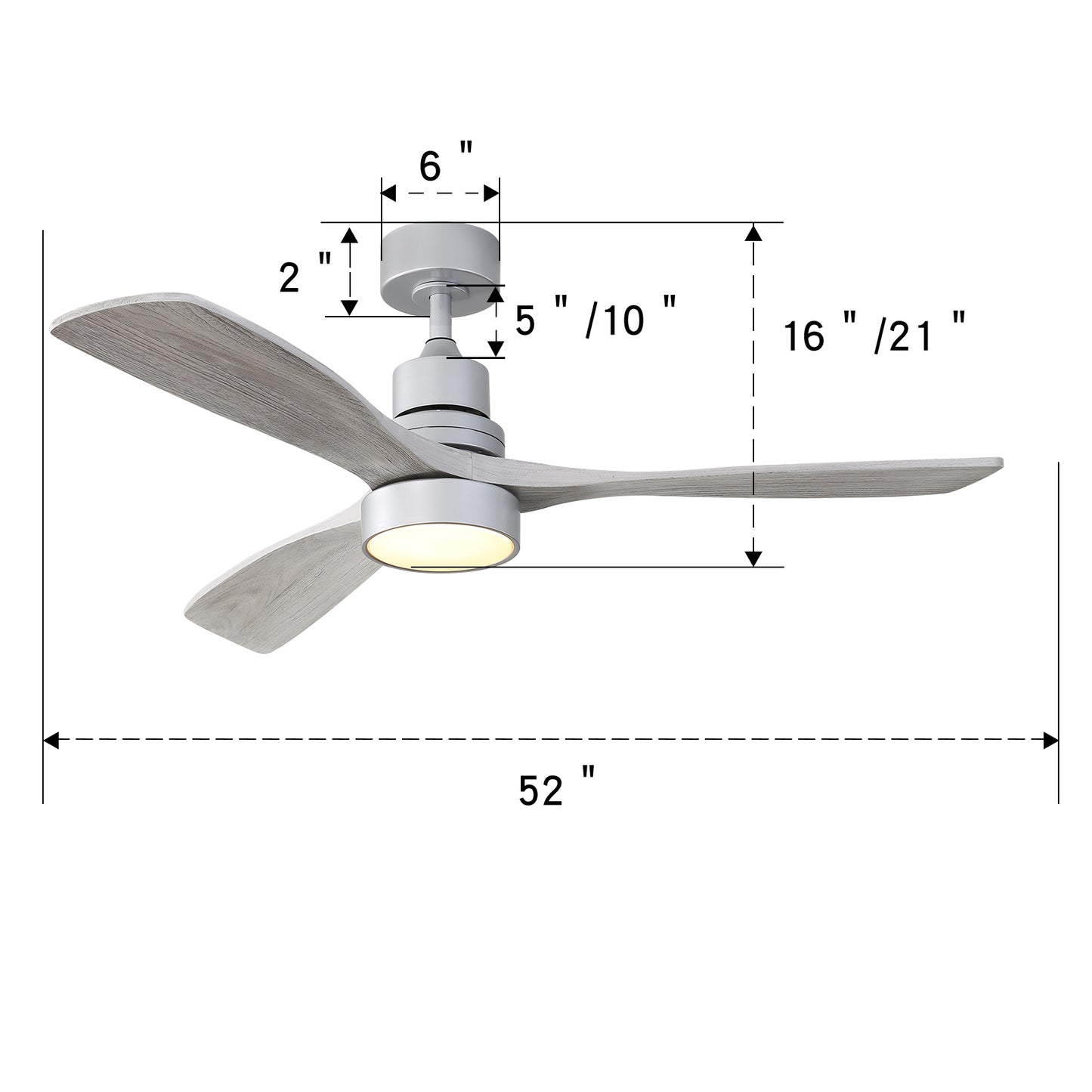 52 Inch Silver Wood Blade Ceiling Fan with Remote Control