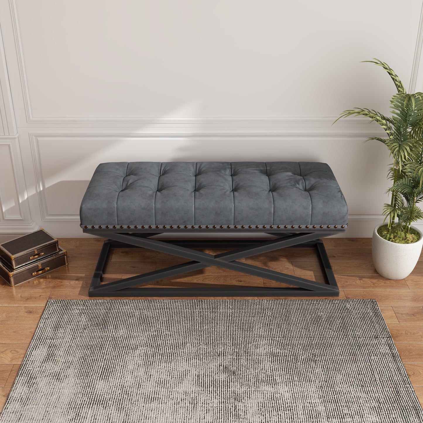 44" Retro Metal Base with Vintage Vegan Leather Bed Bench (Dark grey)