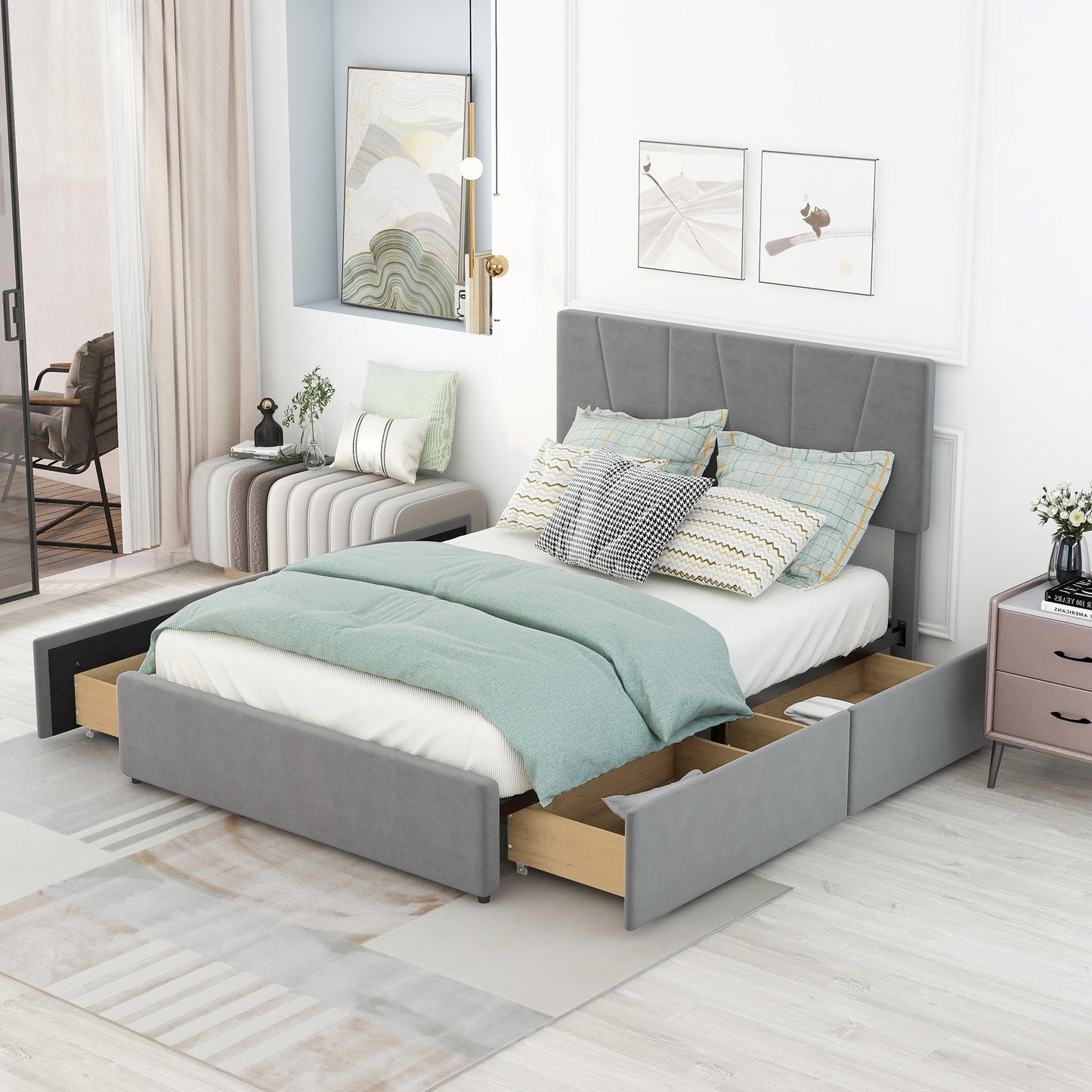 Full Size Upholstery Platform Bed with Four Drawers on Two Sides, Adjustable Headboard, Grey(: WF291773EAA)