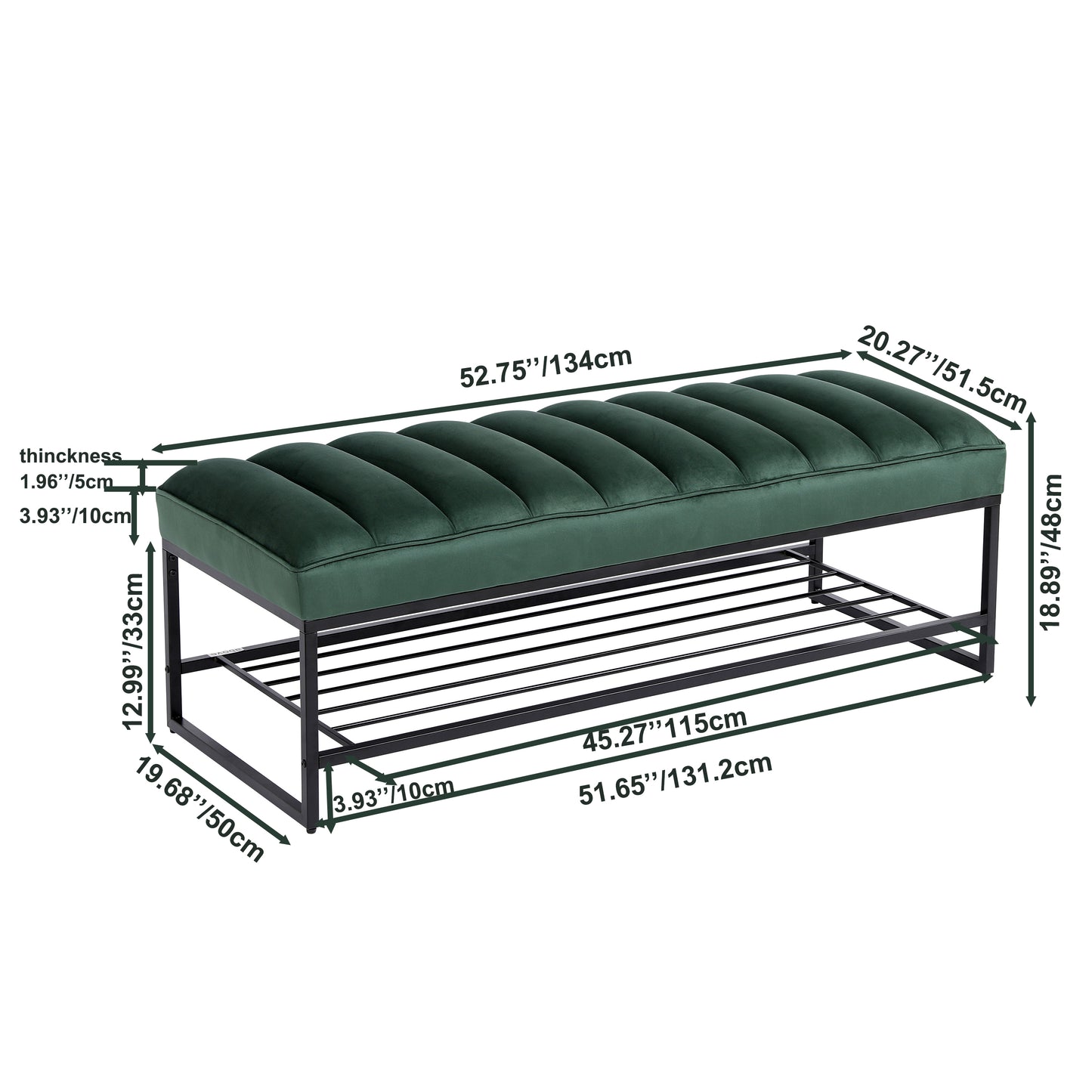 Green Velvet Channel Tufted Ottoman Bench Accent Upholstered Bendroom End of Bed Bench with Storage Shelf (Green)