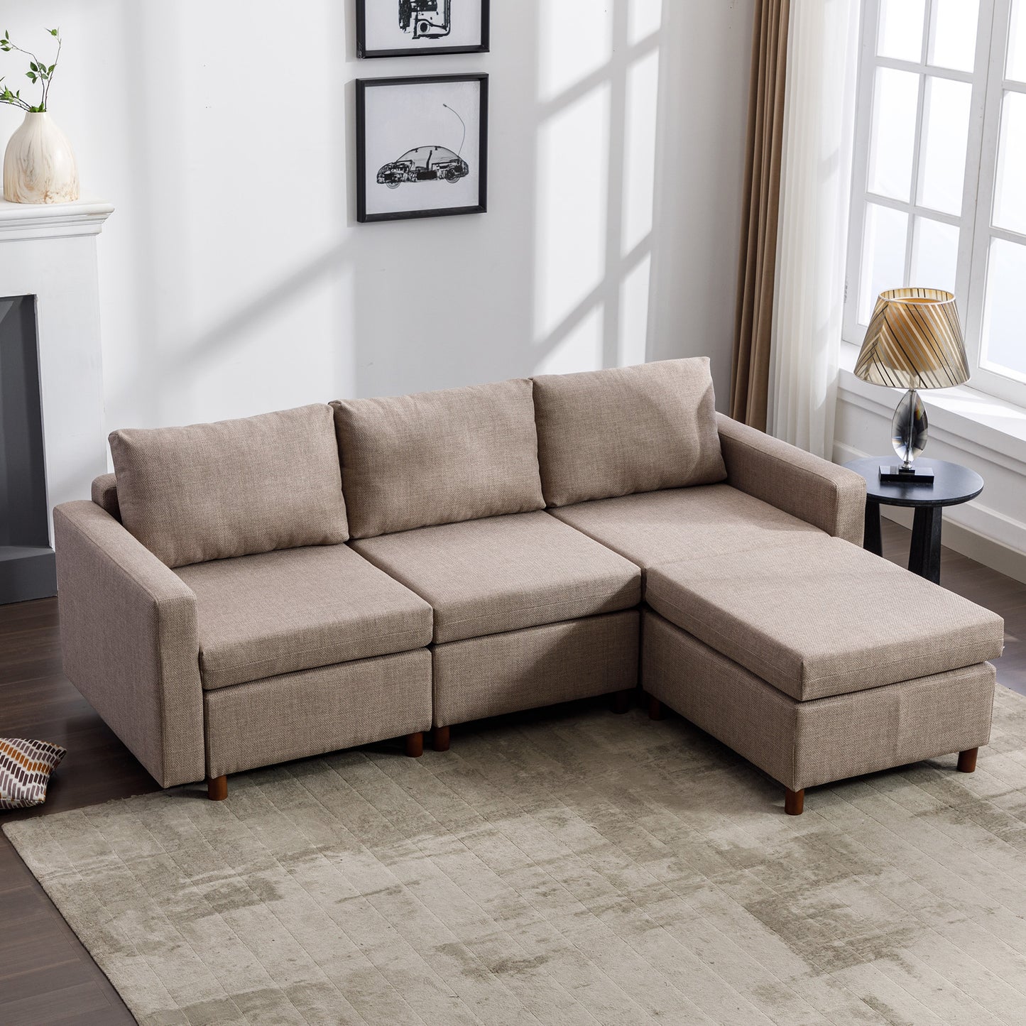 3-Seat Modular Sectional Sofa Set with Ottoman, High-Quality Linen Fabric, Brown