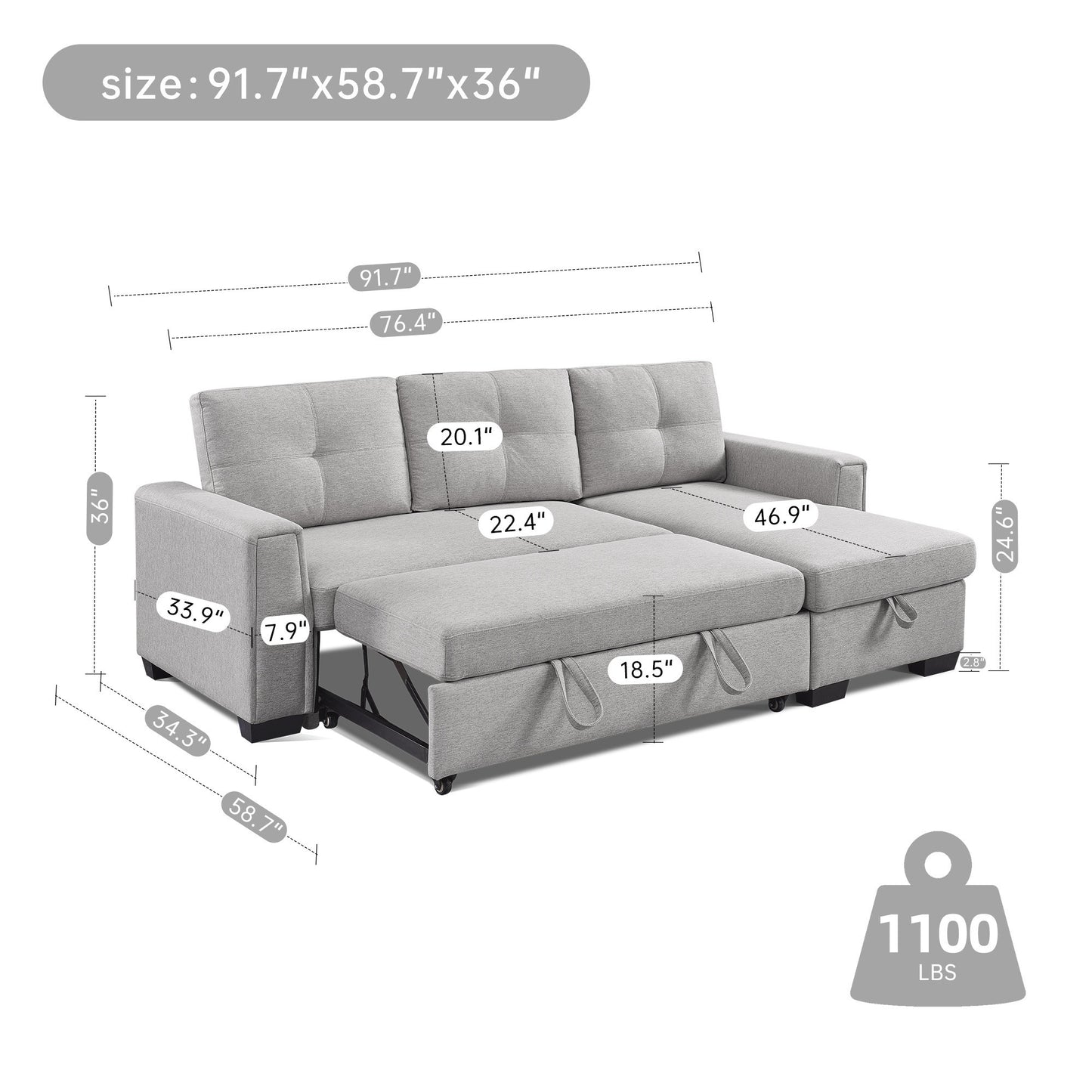 Modular Reversible Sleeper Sectional Sofa with Storage Chaise - Light Grey