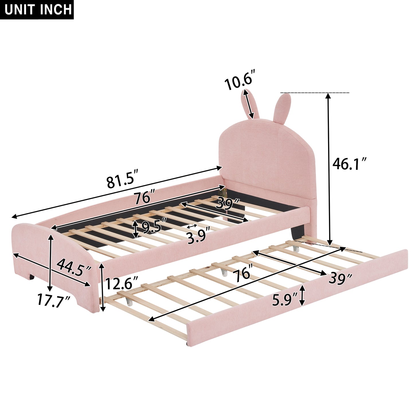 Twin Size Upholstered Platform Bed with Cartoon Ears Shaped Headboard and Trundle, Pink