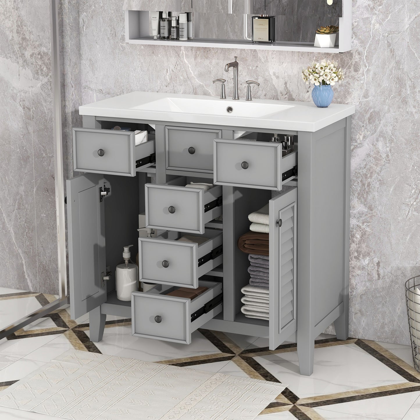 36" Bathroom Vanity with Ceramic Basin, Two Cabinets and Five Drawers, Solid Wood Frame, Grey